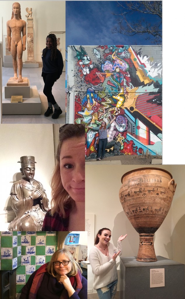Pictures from Midterm travels: (clockwise from upper left) Nala Turner in New York, Emily Pulley in Denver, Maddie Tweed in New York, Dr. Sara Orel in Ghent (Belgium), and Taylor Knoche in St. Louis. 