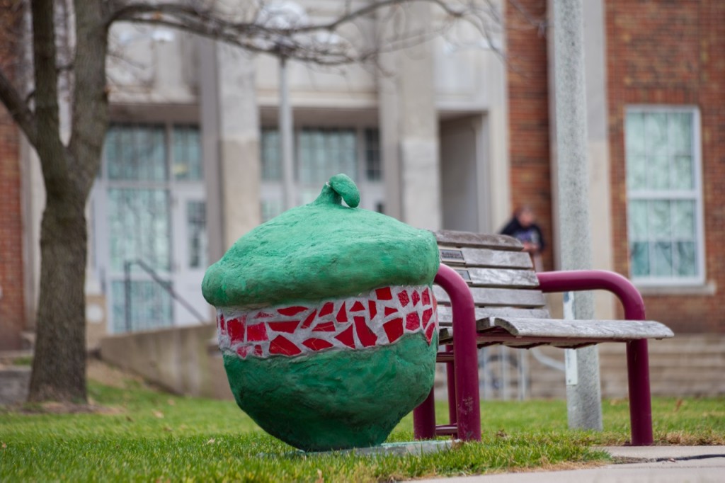 This acorn greets students as they walk from up the path to Violette Hall.  Photo courtesy of Tim Barcus.