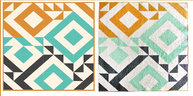Triangle Jitters, by Suzy Williams: Digital Pattern (left) and Final Quilt (right).
