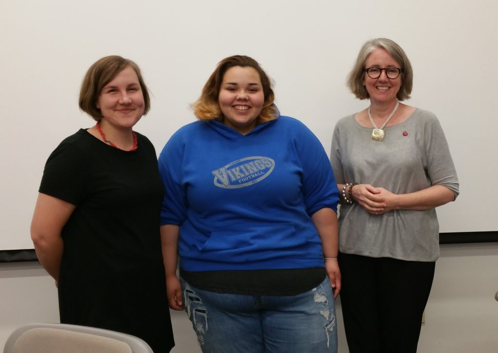 Kirksville High School student Mikaila Battrick  (center) with Professors Heidi Cool (left) and Julia DeLancey (right).