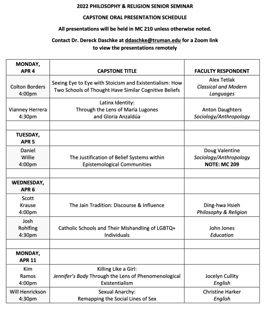 2022 PHRE Senior Seminar Presentation Schedule